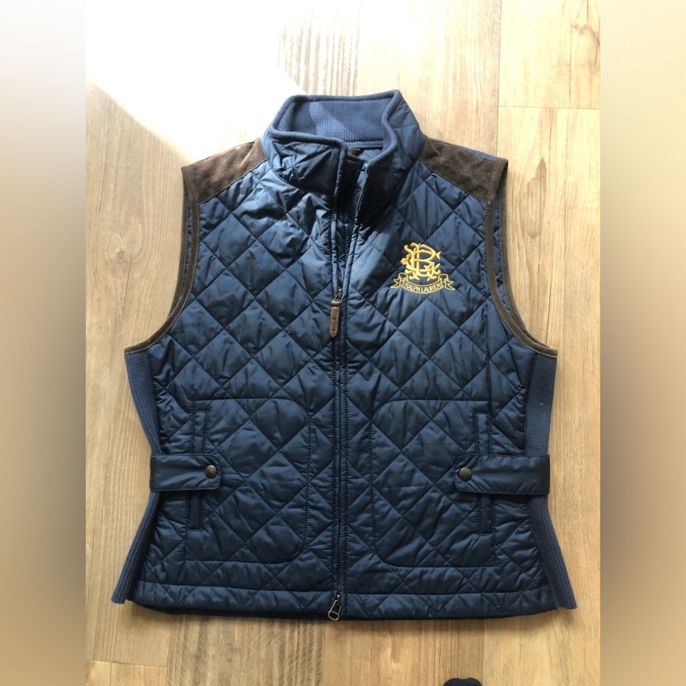 Ralph Lauren Quilted Vest Blue Suede Trim Country Riders & Jockey Womens Sz XL